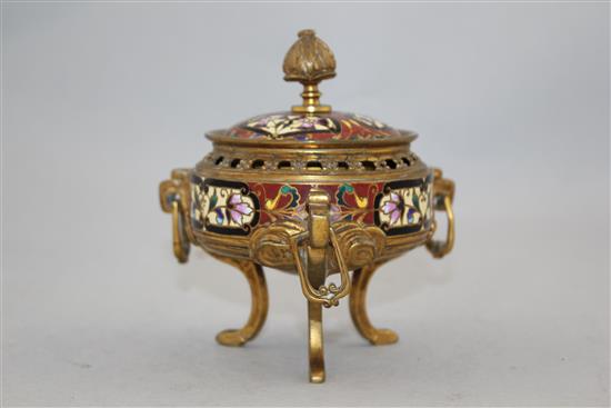 A late 19th / early 20th century French champleve and ormolu vase and cover, 4.5in.